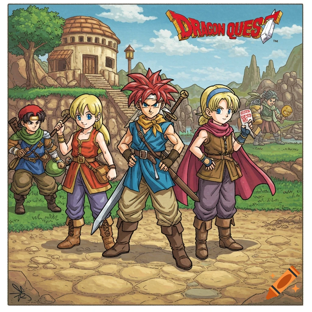 Four fantasy characters in a village scene, styled like Dragon Quest art.