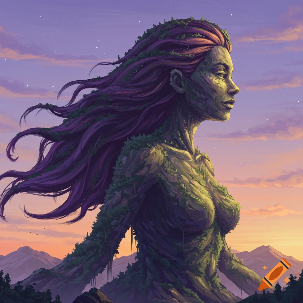 A woman's figure made of a mountain and leaves, seen from the side against a sunset sky.