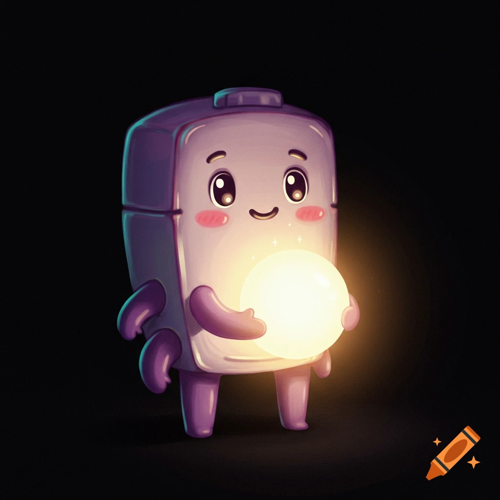 Cute capsule character holding a glowing orb