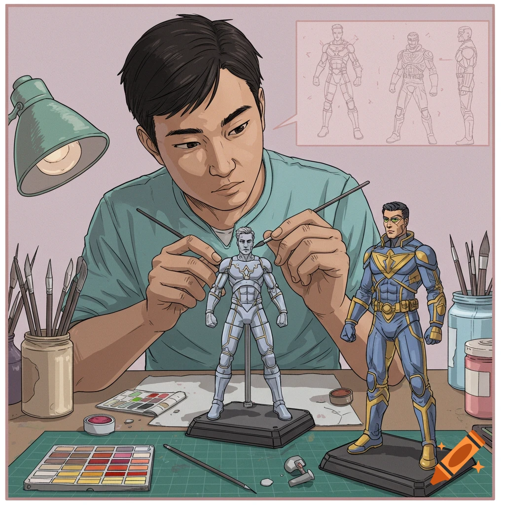 A person painting a superhero action figure at a desk.