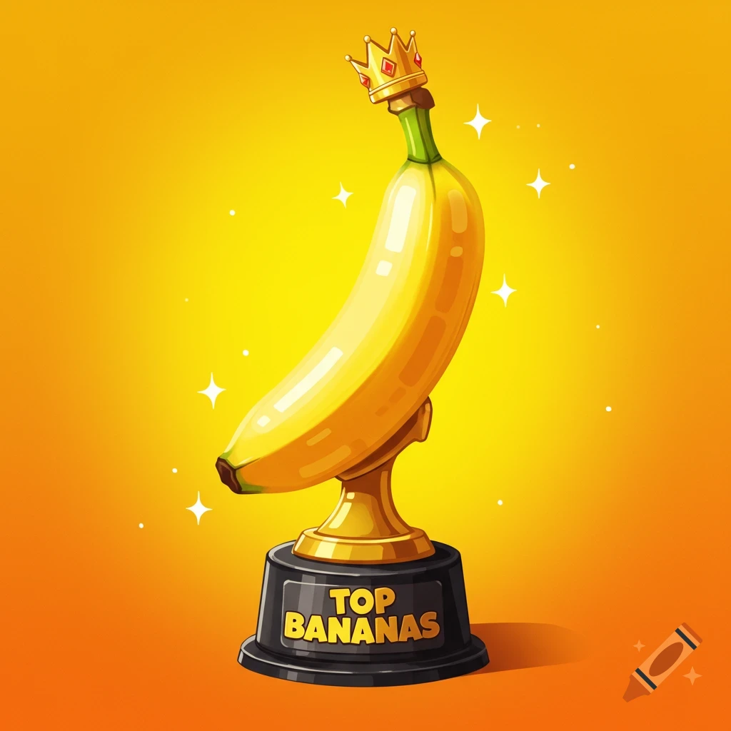 A golden banana trophy with a crown on a base reading 'TOP BANANAS'.