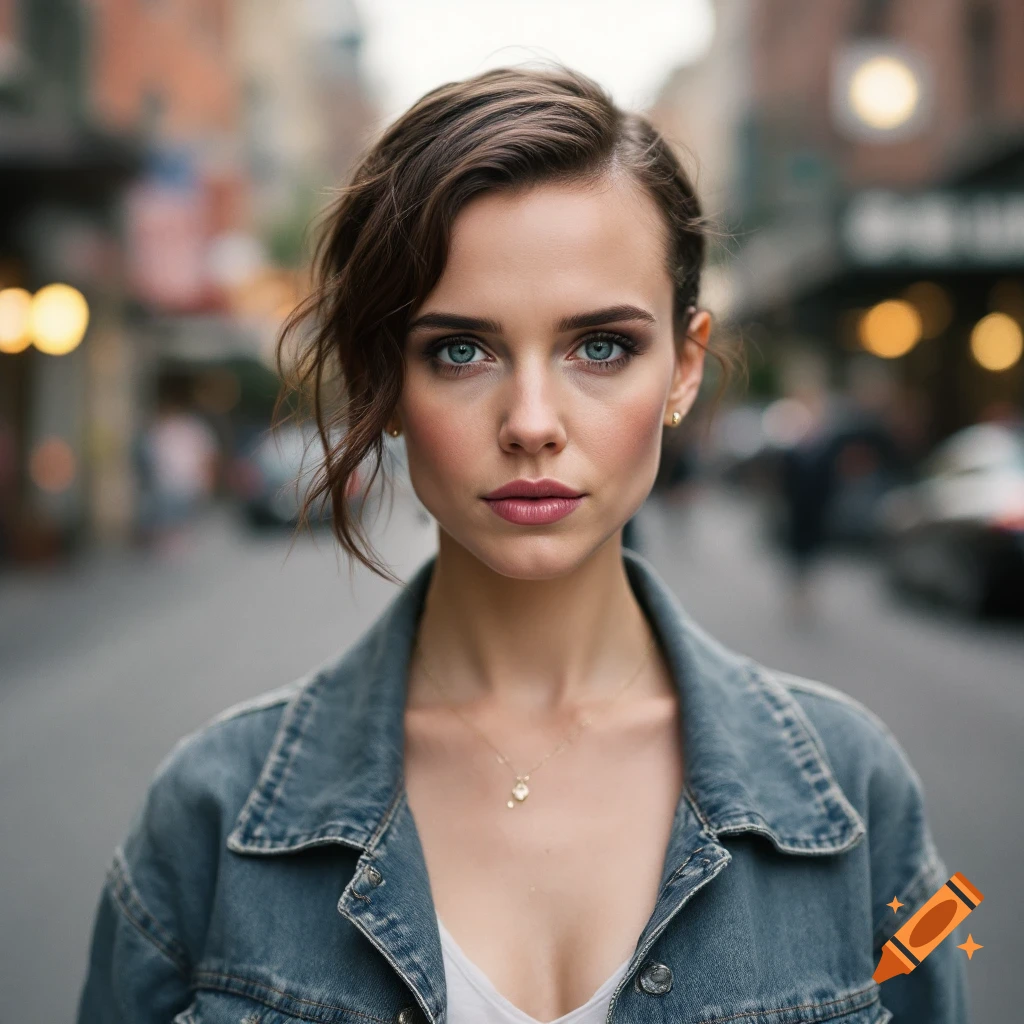 A young woman with blue eyes wearing a denim jacket stands on a city street.