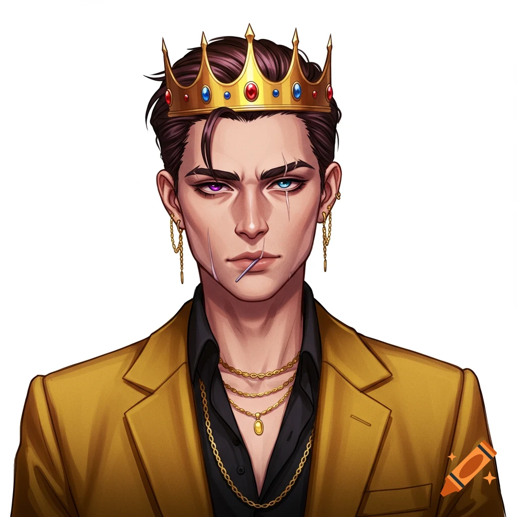 Anime style portrait of a man in a gold suit and crown with heterochromia eyes.