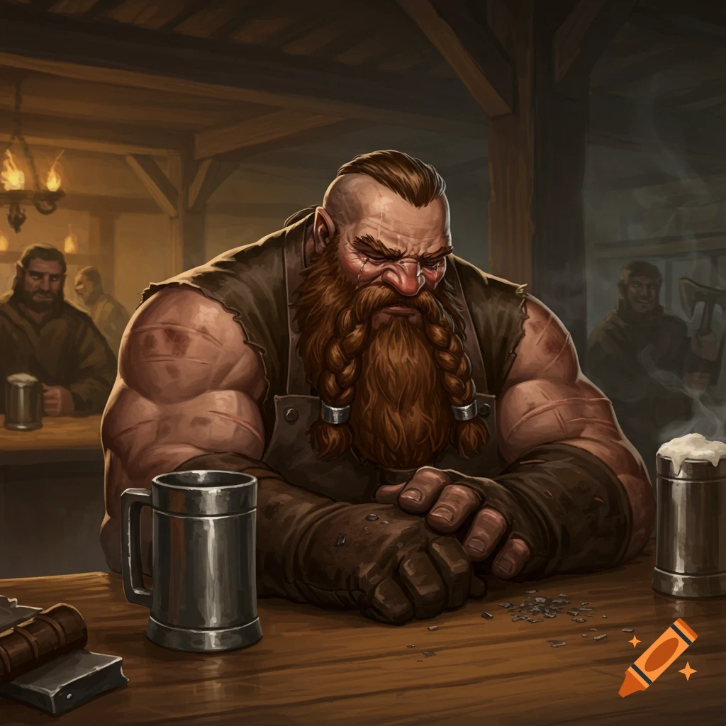 A sad dwarf with a braided beard sits at a tavern table with beer mugs.