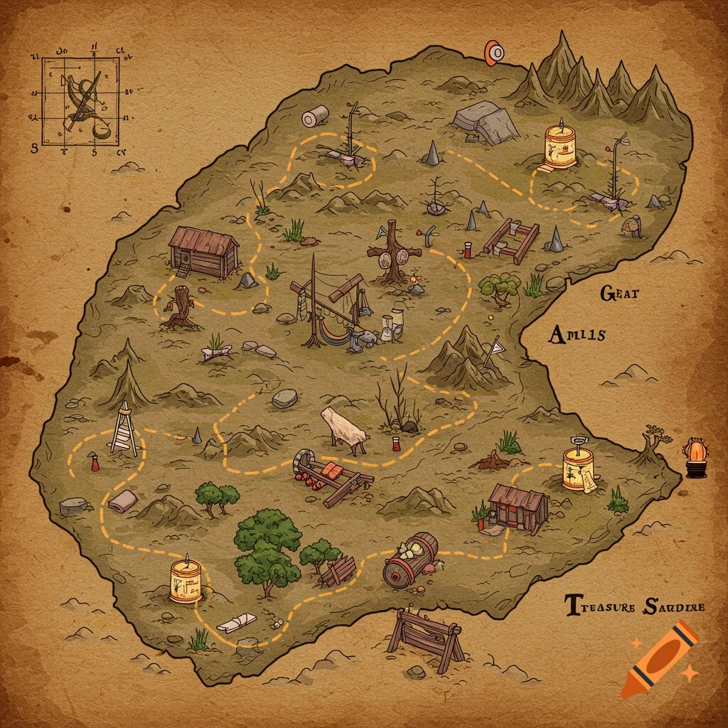 A stylized treasure map on aged paper, showing a dotted path, obstacles like broken structures and spikes, and illegible text.