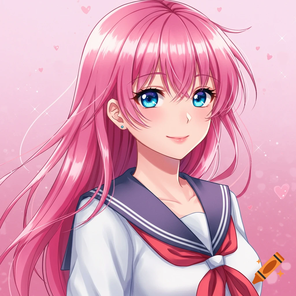 Anime portrait of a girl with pink hair and blue eyes smiling in a school uniform.