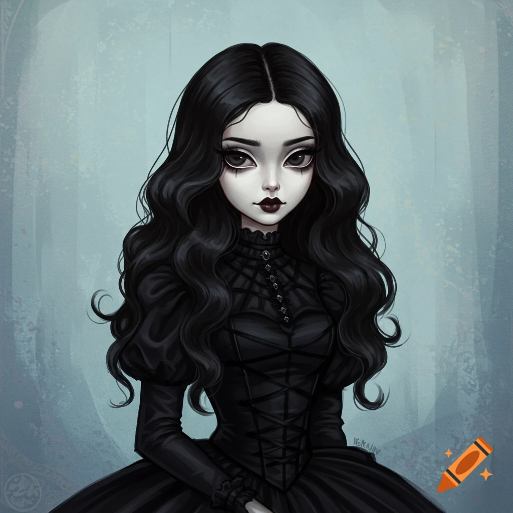 A stylized image of a woman with long black hair and pale skin in a gothic black dress.