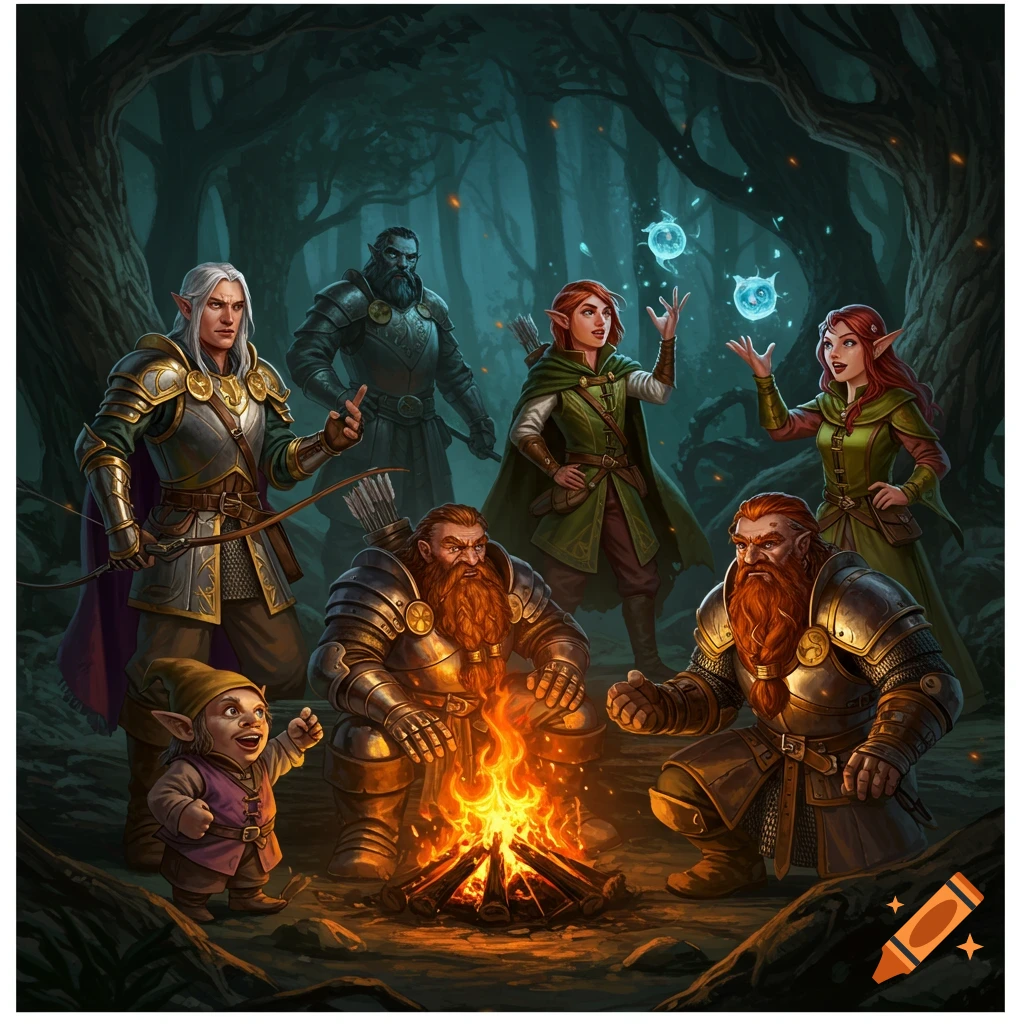 A diverse group of fantasy characters gathered around a campfire in a forest.