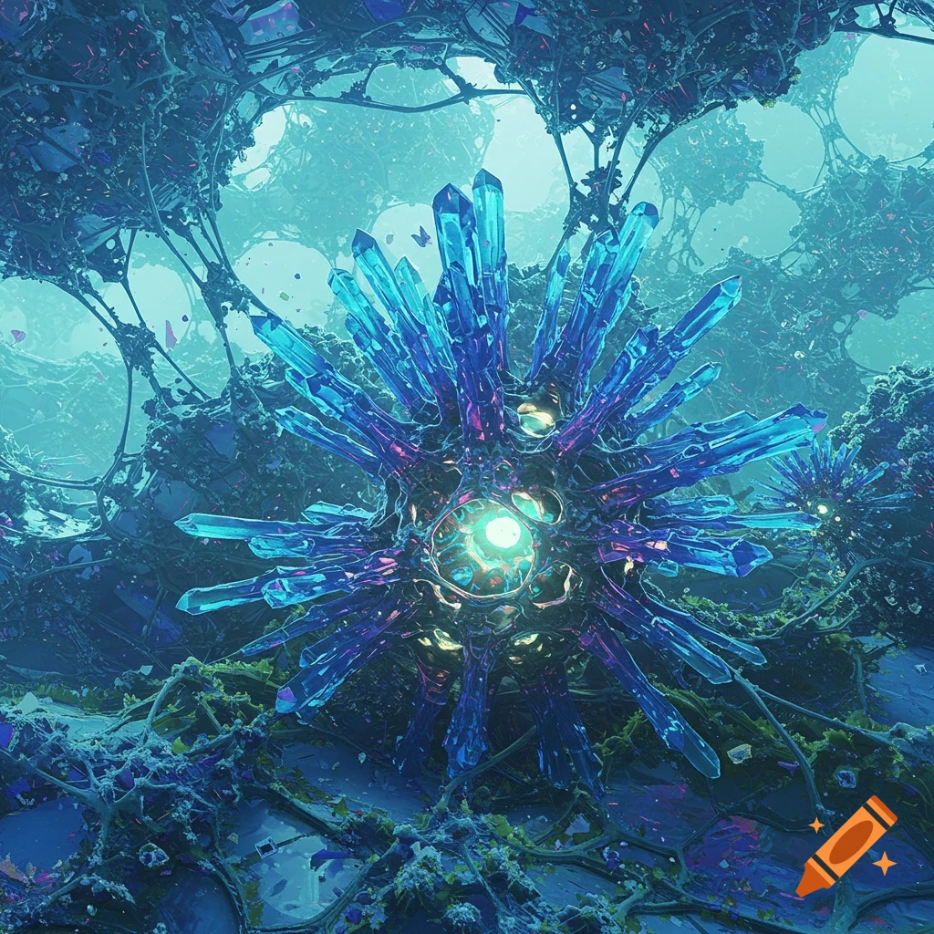 A blue crystal structure with a glowing core in an abstract environment.