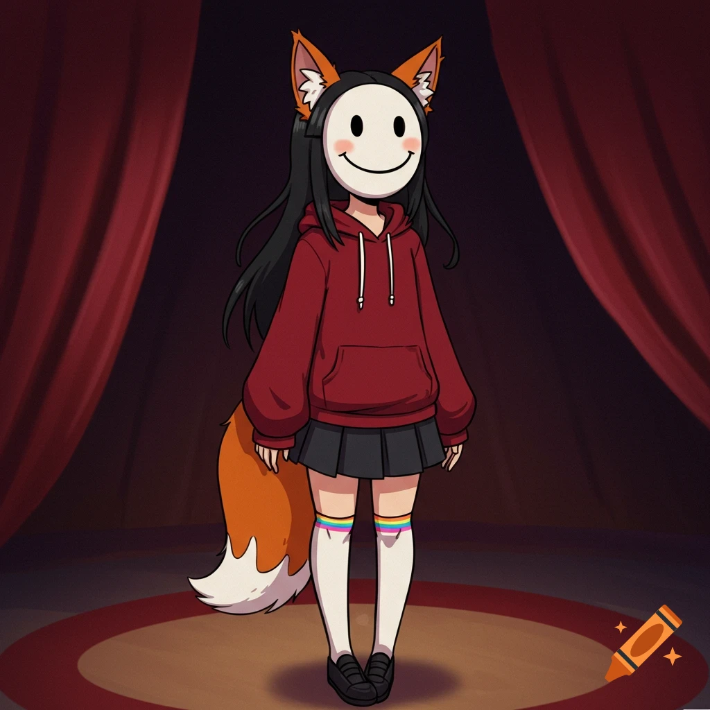 Anime style person with fox ears and tail, wearing red hoodie and smiley face mask on a circus stage.