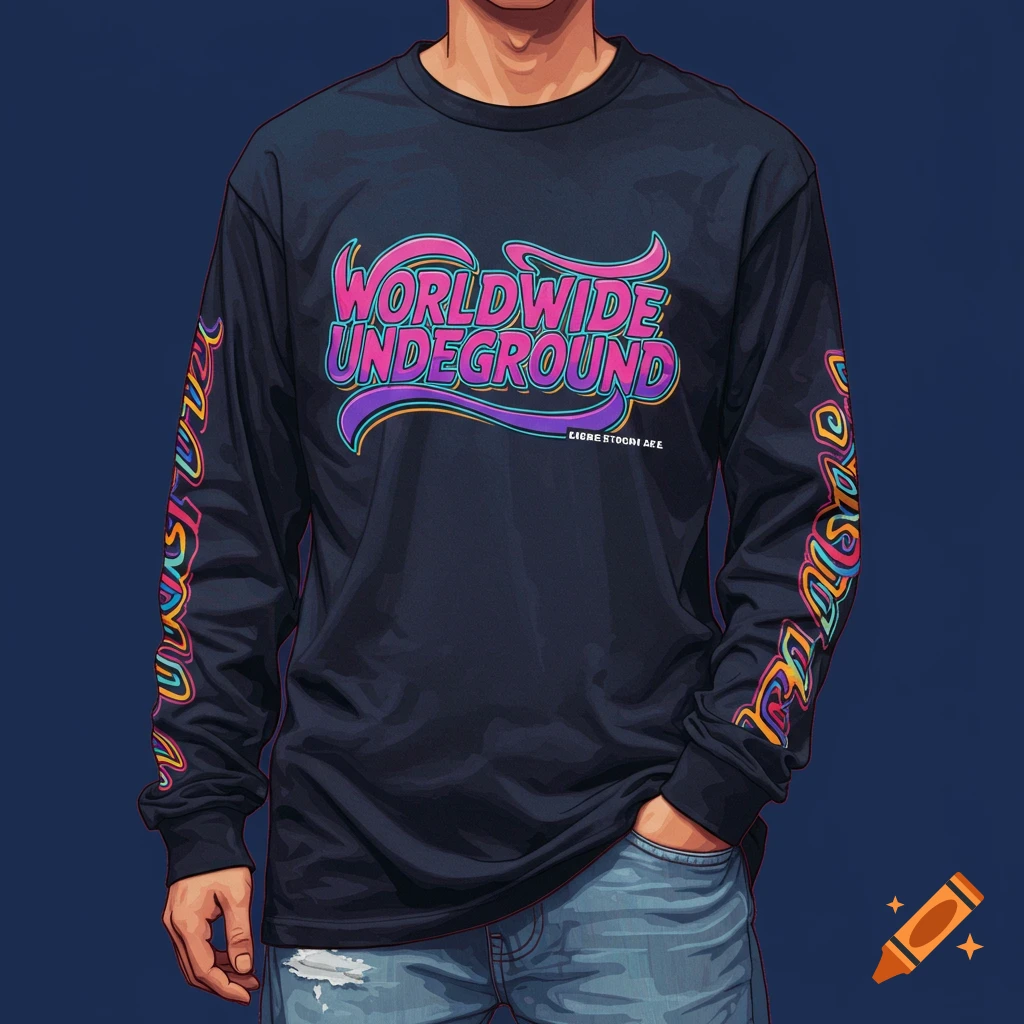 A person wearing a long-sleeved shirt with 'Worldwide Underground' in colorful text on the front and abstract designs on the sleeves.