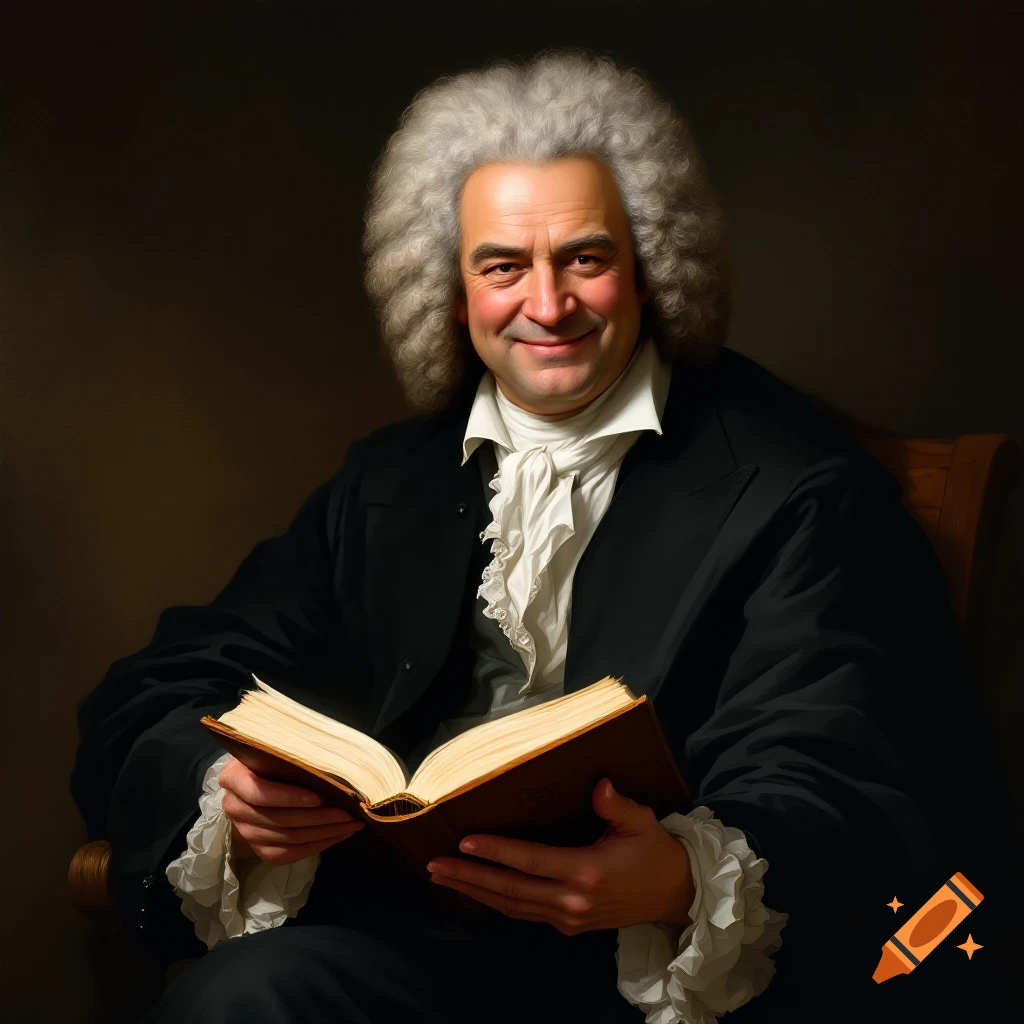 Portrait of a man in a white wig, black coat, and frilled shirt sitting and reading a book, smiling.