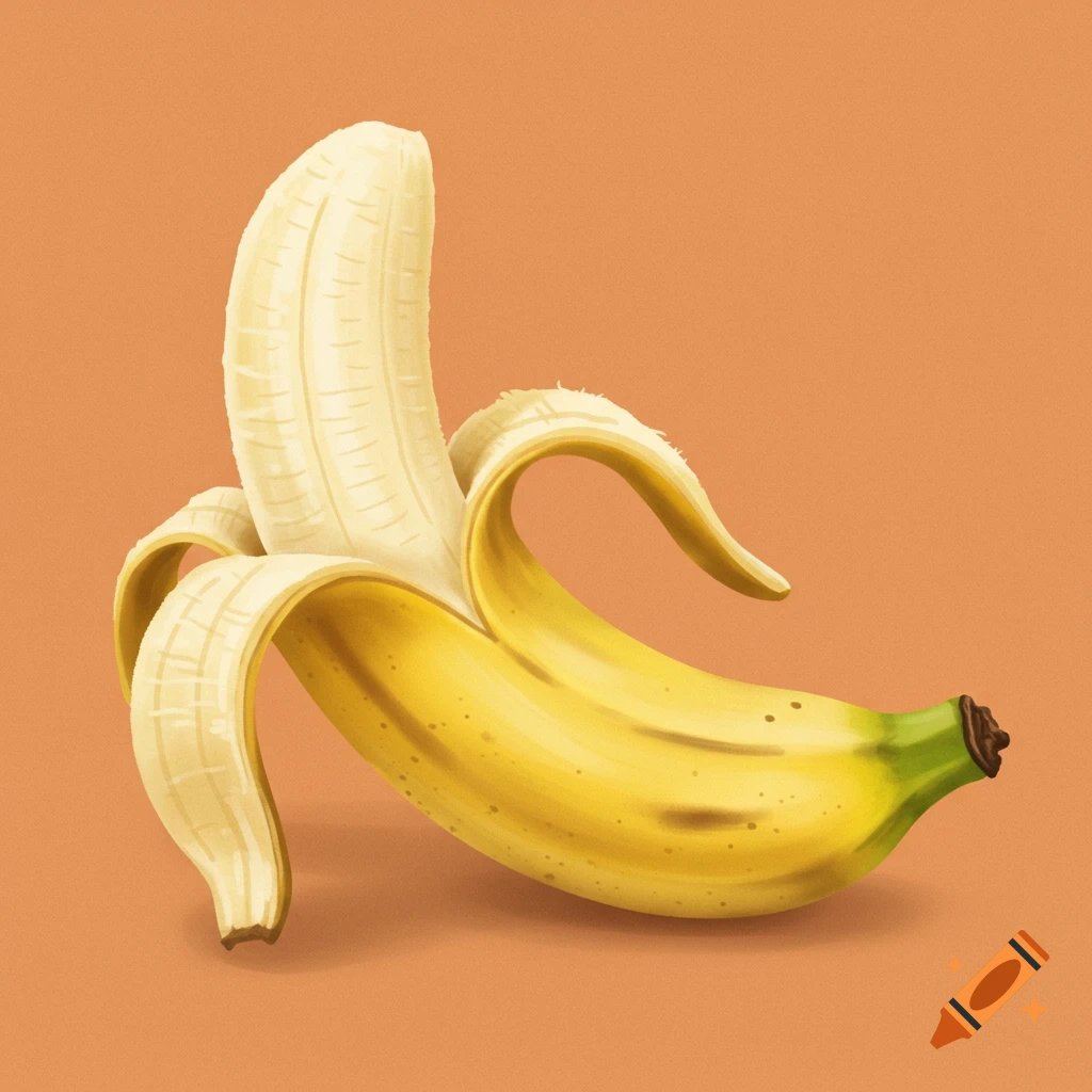 A peeled banana on an orange background.