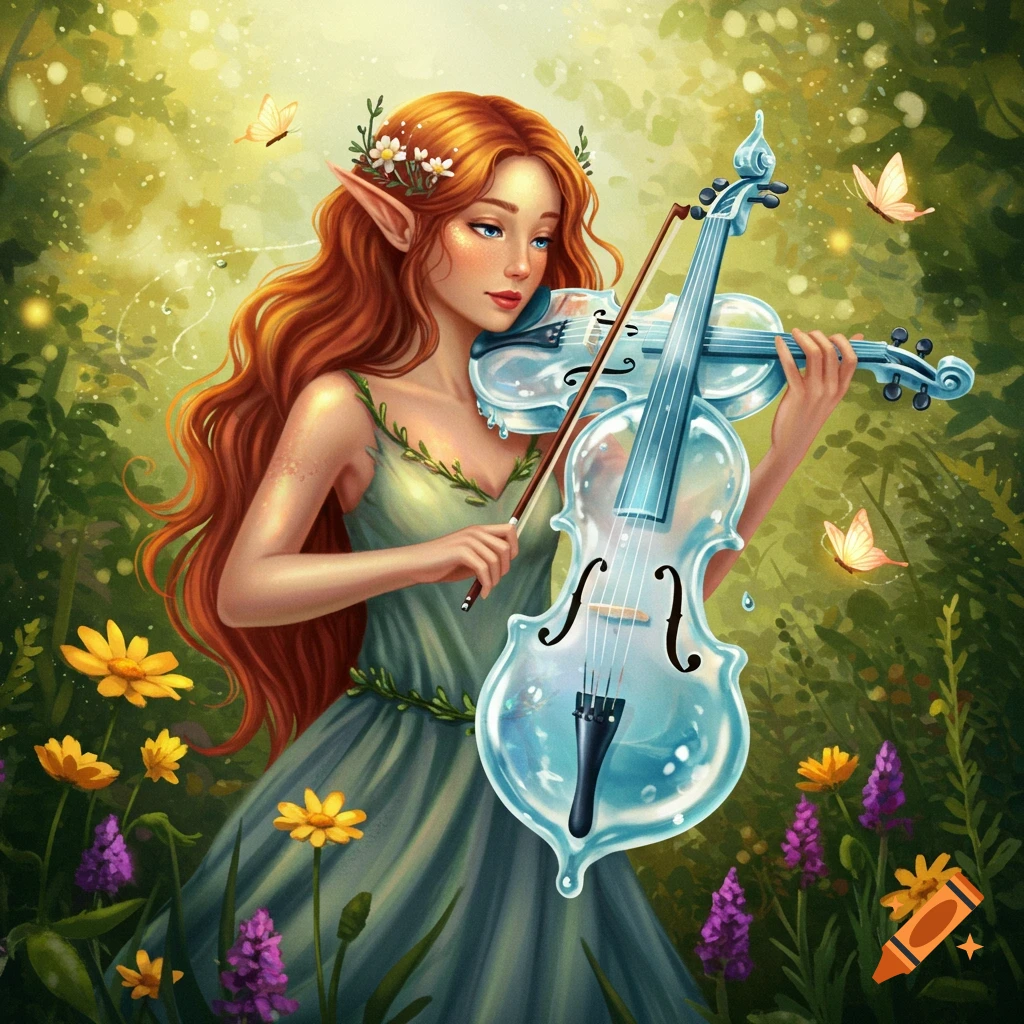An illustration of an elf playing a transparent water violin in a forest