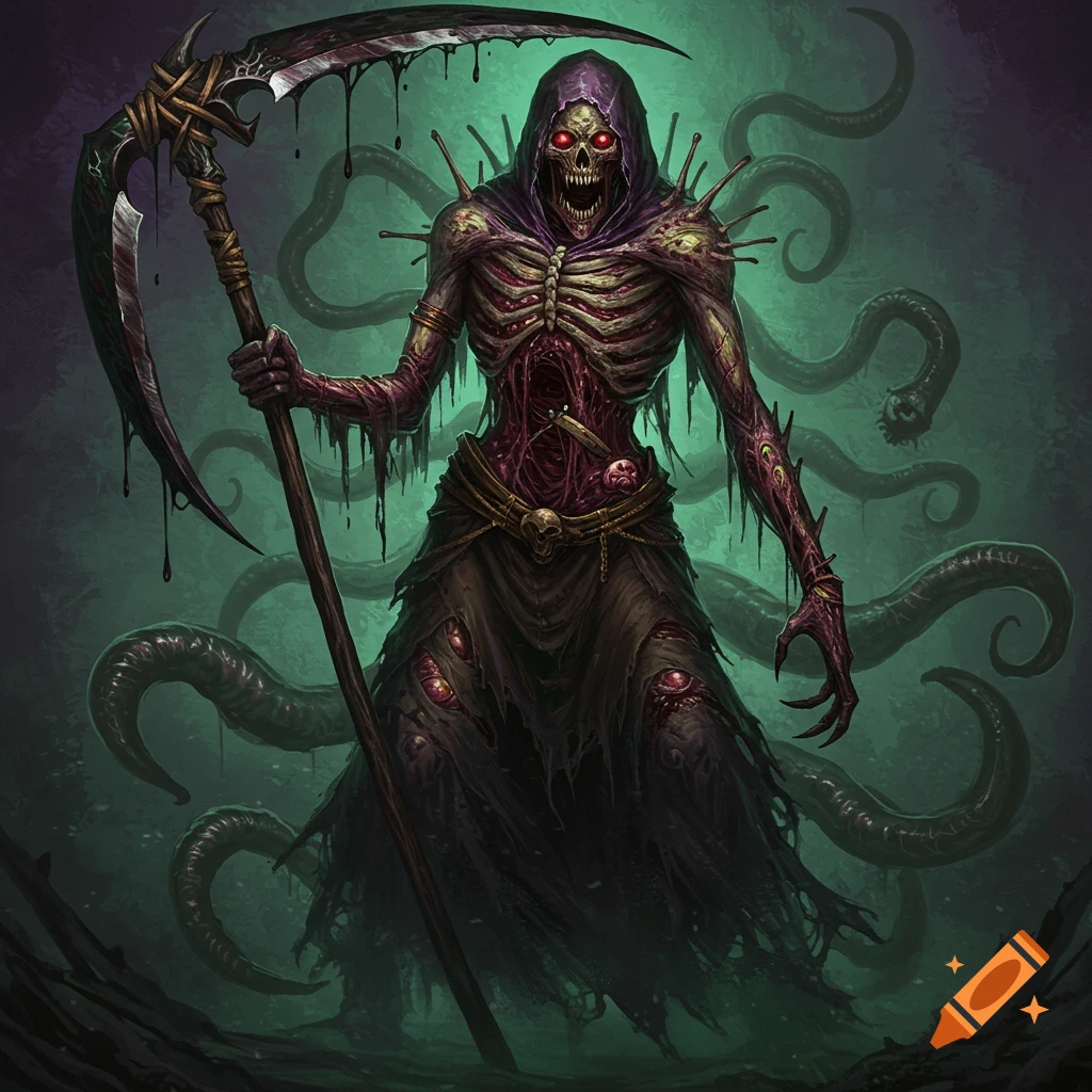 A skeletal hooded figure with red eyes holding a scythe, with tentacles behind it.