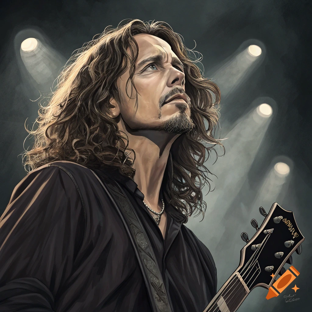 Portrait of a man with long hair and beard holding a guitar on stage.