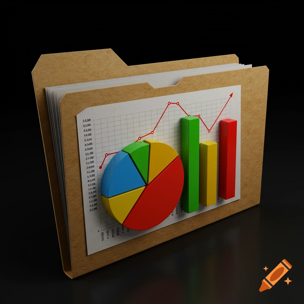 A brown file folder with a large pie chart, bar graph, and line graph on its cover.