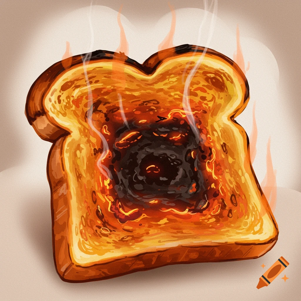 A slice of burning toast with flames