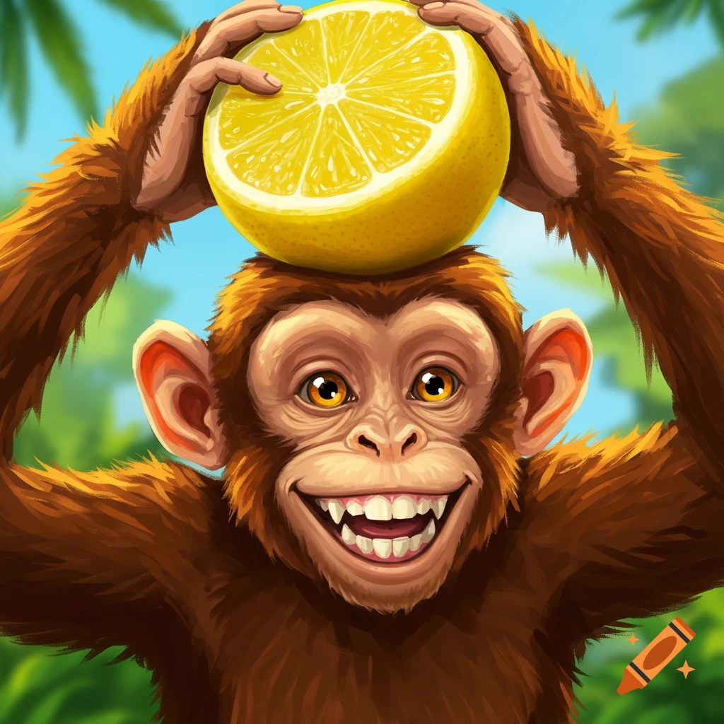 A smiling monkey holding a lemon on its head in a jungle.