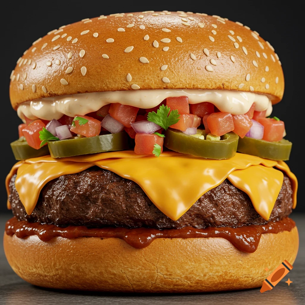 A close-up, photorealistic image of a delicious hamburger with melting cheese, diced tomatoes, onions, and jalapeños.