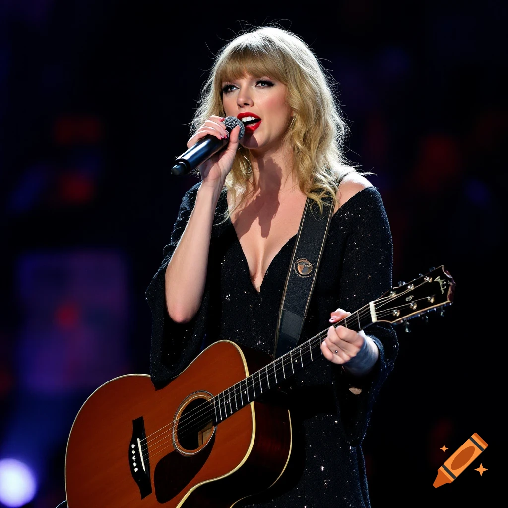 Taylor Swift performing live, singing into a microphone while playing an acoustic guitar on stage.