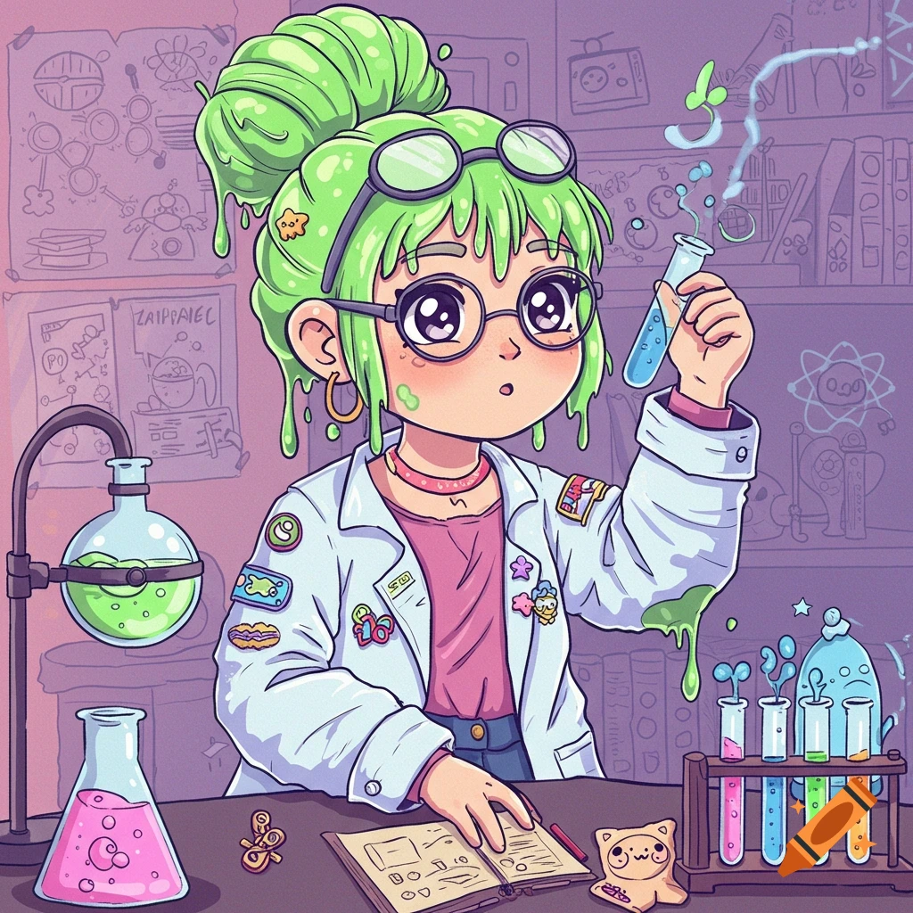 Cute cartoon anime girl scientist with bright green hair working in a lab, holding a test tube.