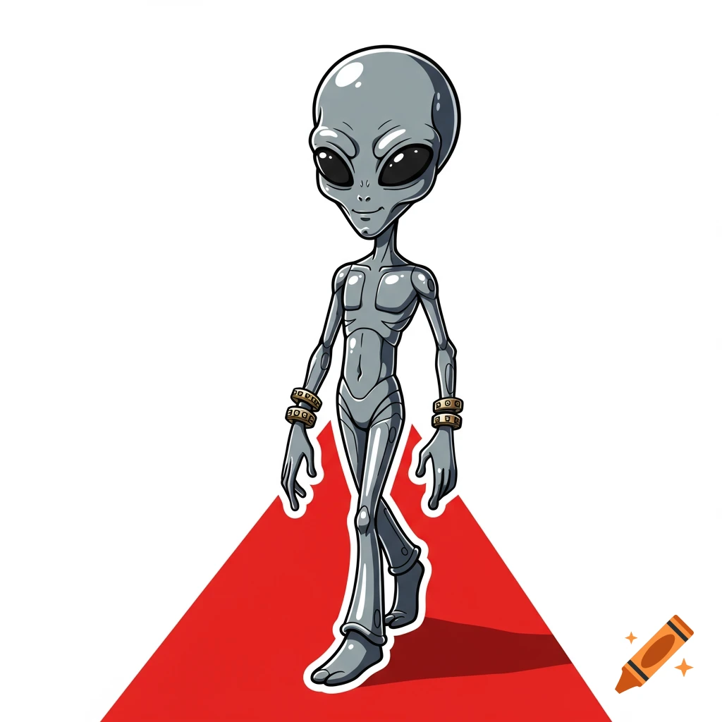 A grey alien vector graphic walks on a red shape.