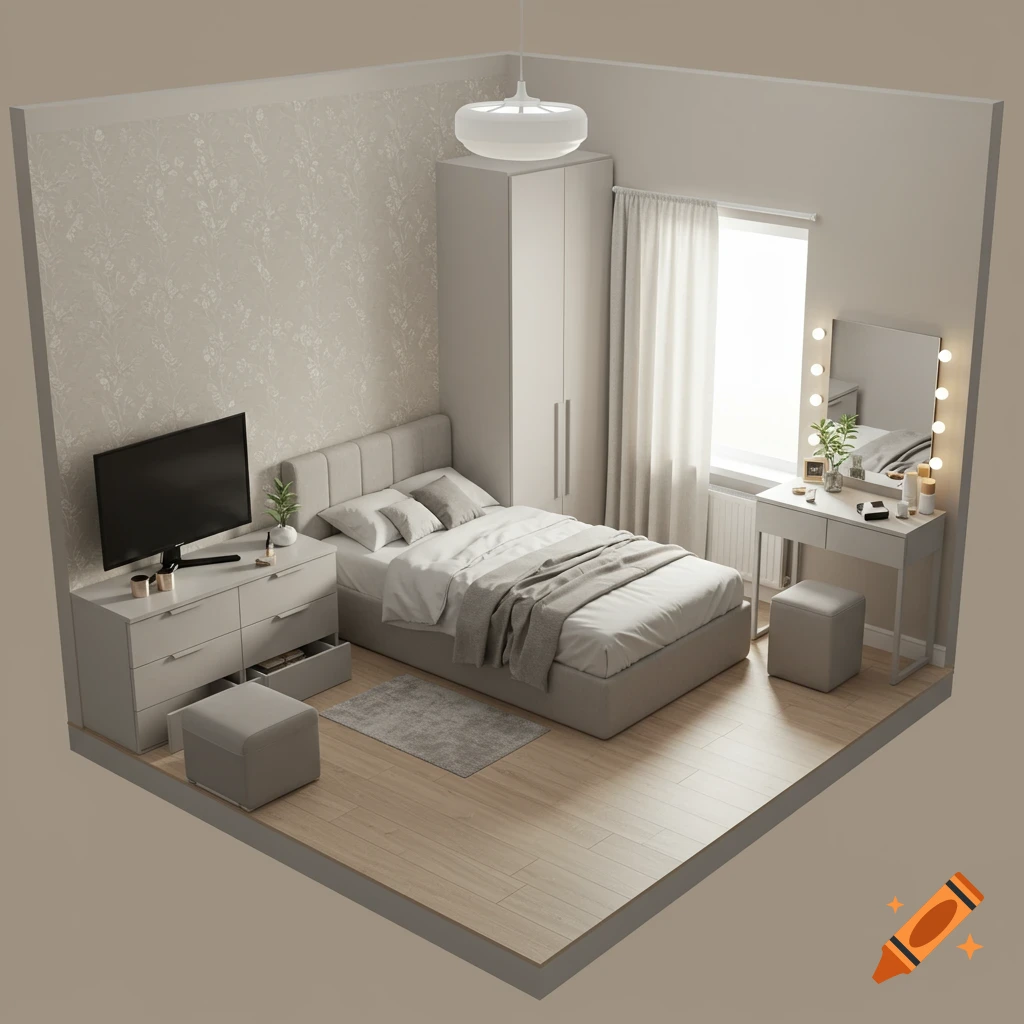 Isometric view of a modern bedroom with a bed, dresser, TV, wardrobe, and vanity.