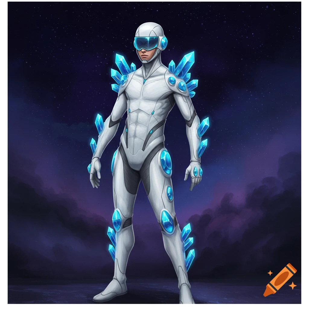 A person in a futuristic white suit with blue crystals against a starry sky.