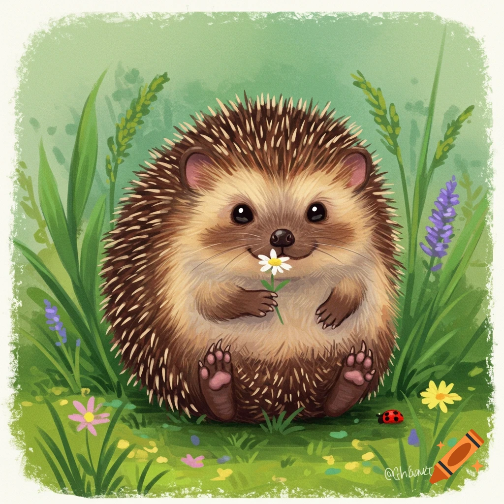 Cute hedgehog sitting in grass and holding a daisy