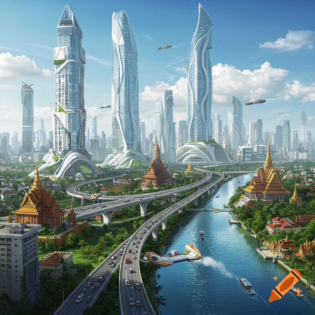 A futuristic city blends modern skyscrapers with traditional temples around a river and elevated highway.