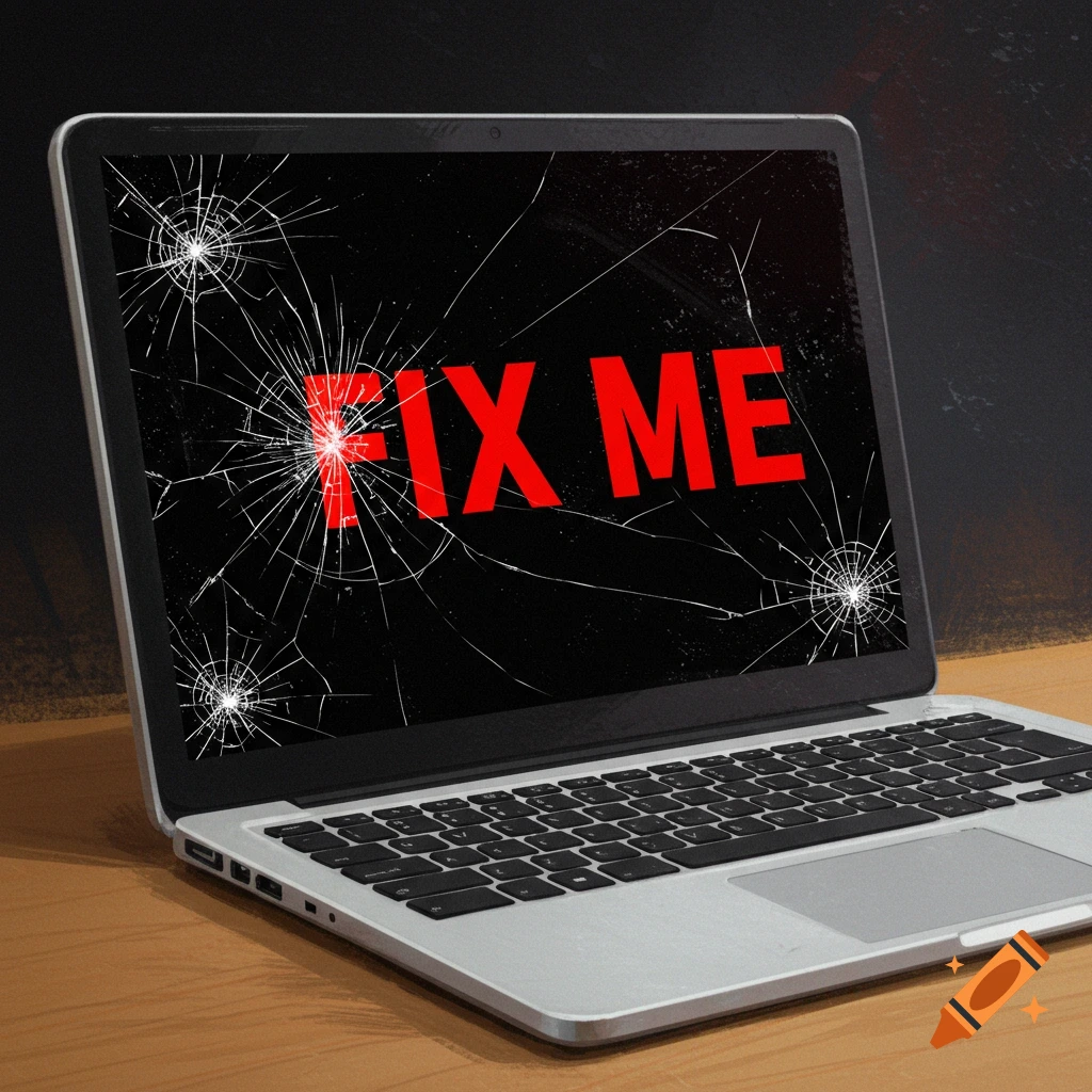 A laptop with a broken screen displaying 'FIX ME' in red letters.