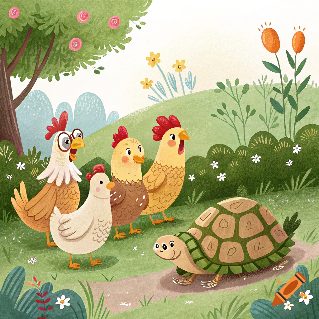 Cartoon chickens and a turtle in a whimsical garden illustration.