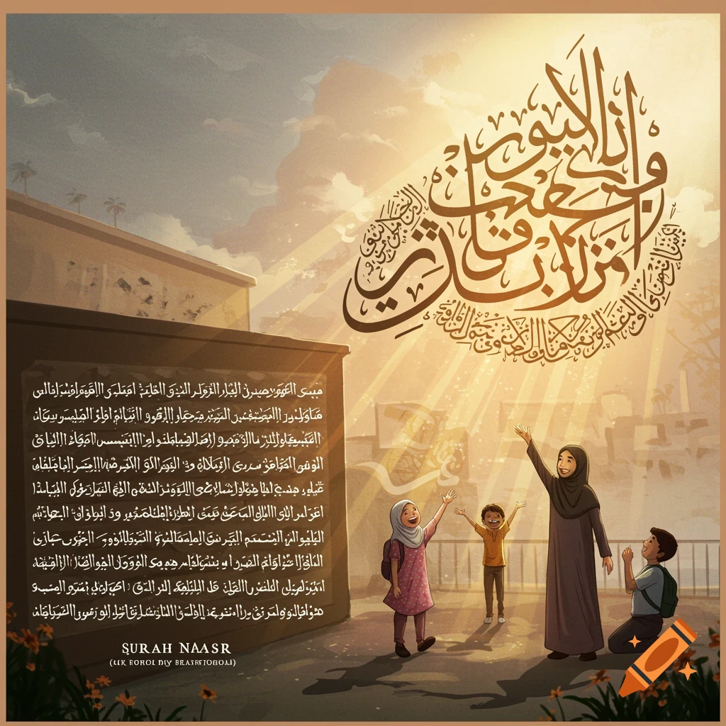 Illustration of children and a woman looking up at Arabic calligraphy and light rays in a school.