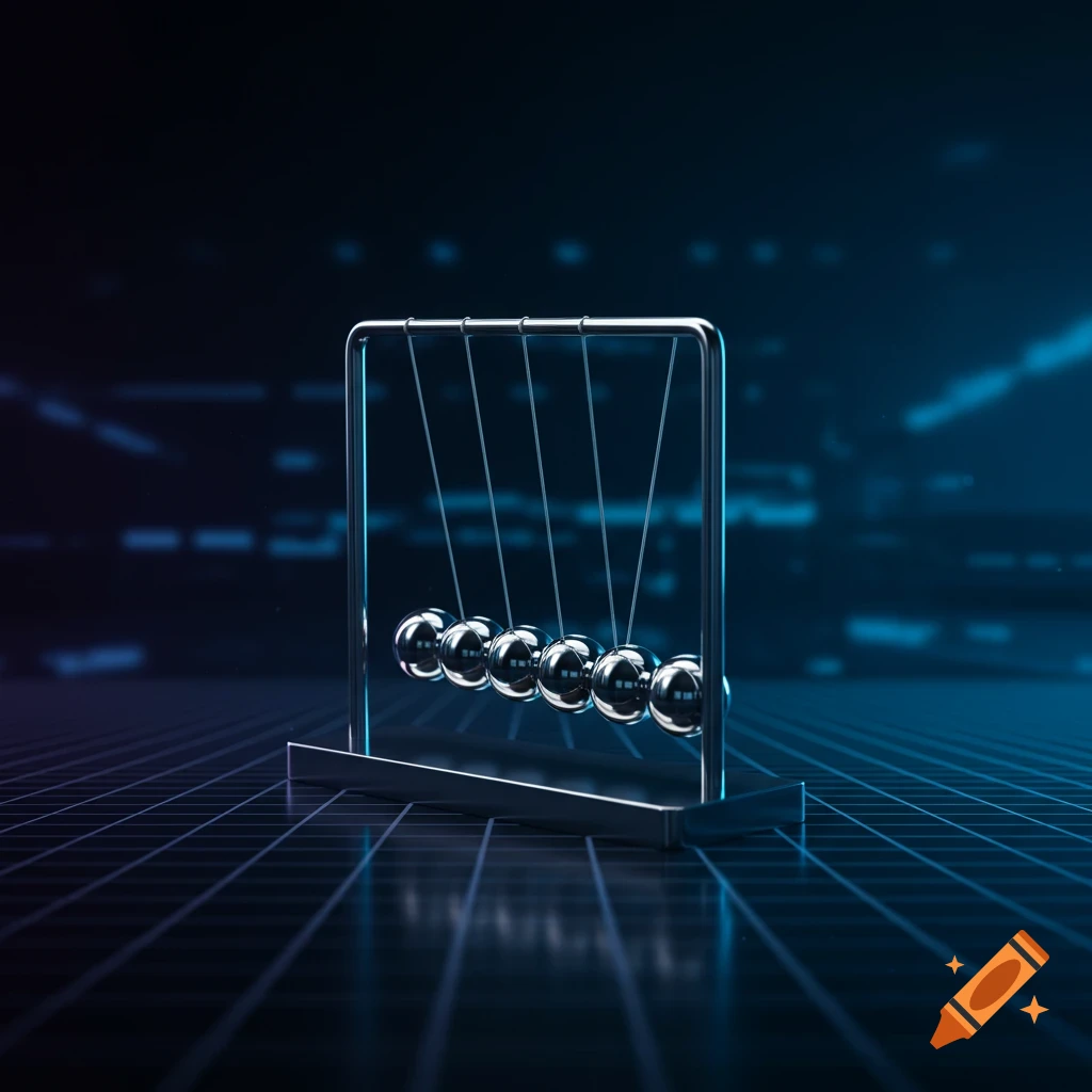 A Newton's Cradle with chrome spheres hangs in a dark, futuristic setting with blue digital grid lines.