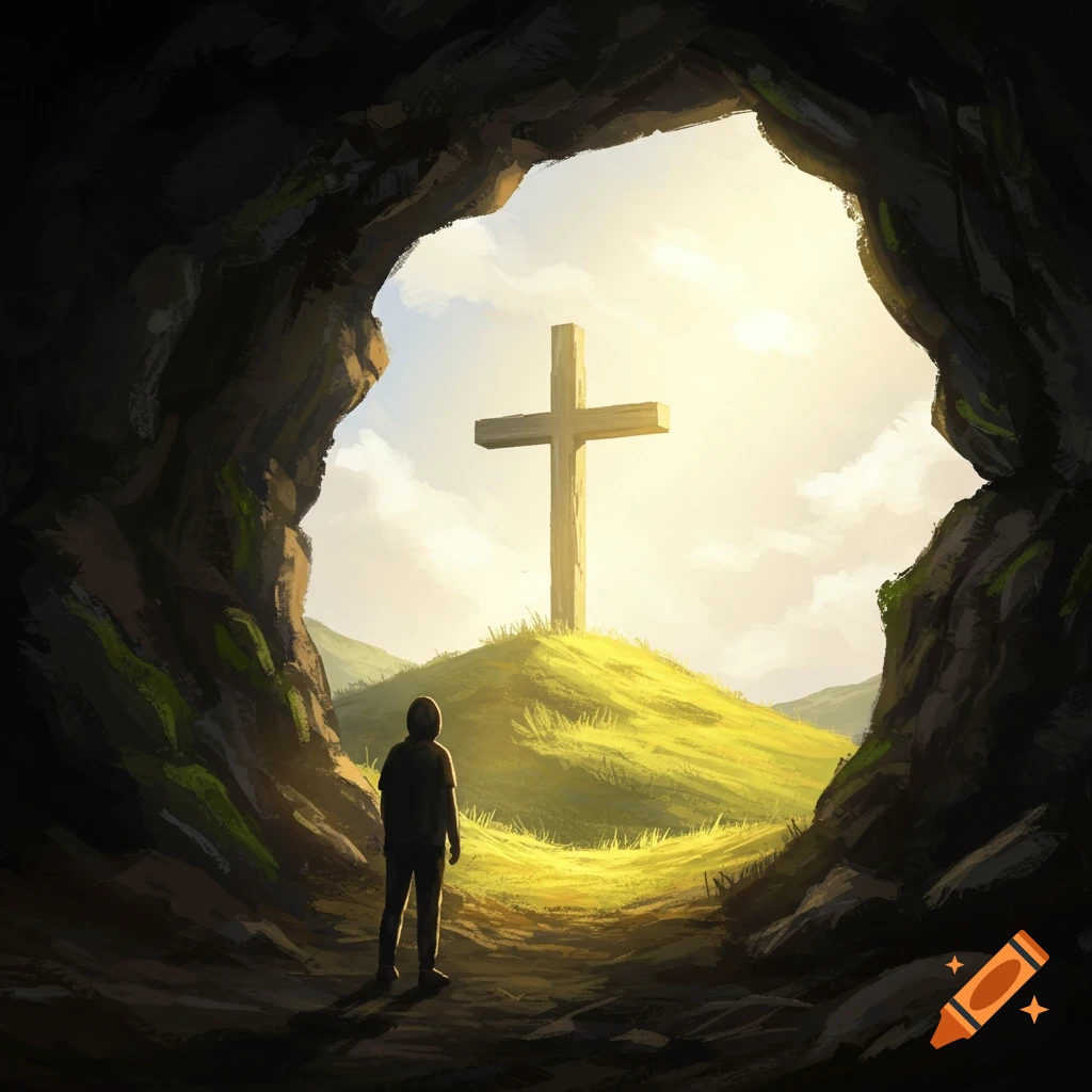 A person looking out from a dark cave at a cross on a bright sunlit hill.