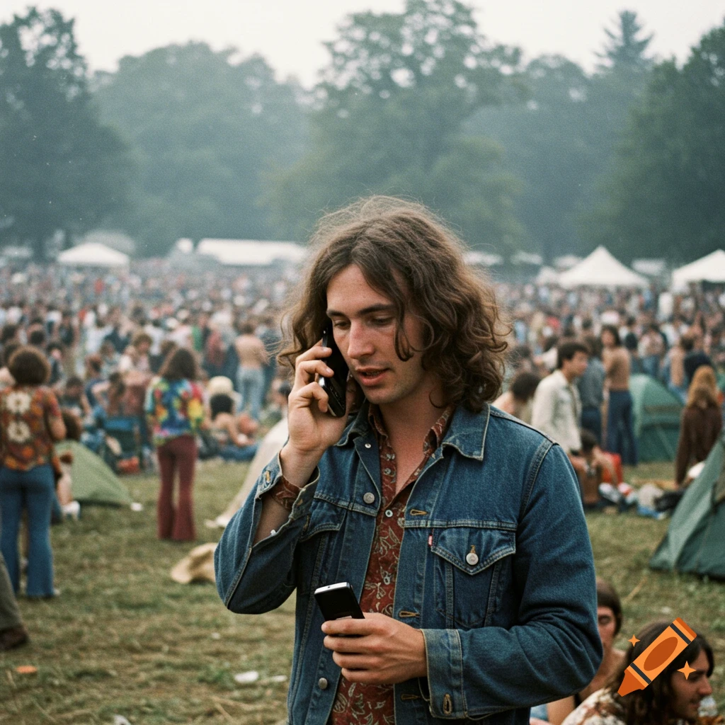 Person using cellphone at woodstock 1969 on craiyon