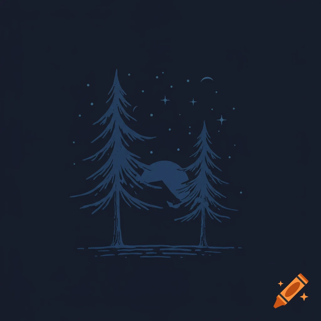 Stylized blue logo of two pine trees, bear, stars, and moon