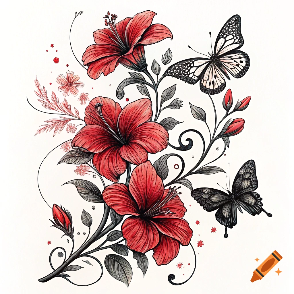 Illustration of red flowers and black butterflies in a tattoo style on a white background.