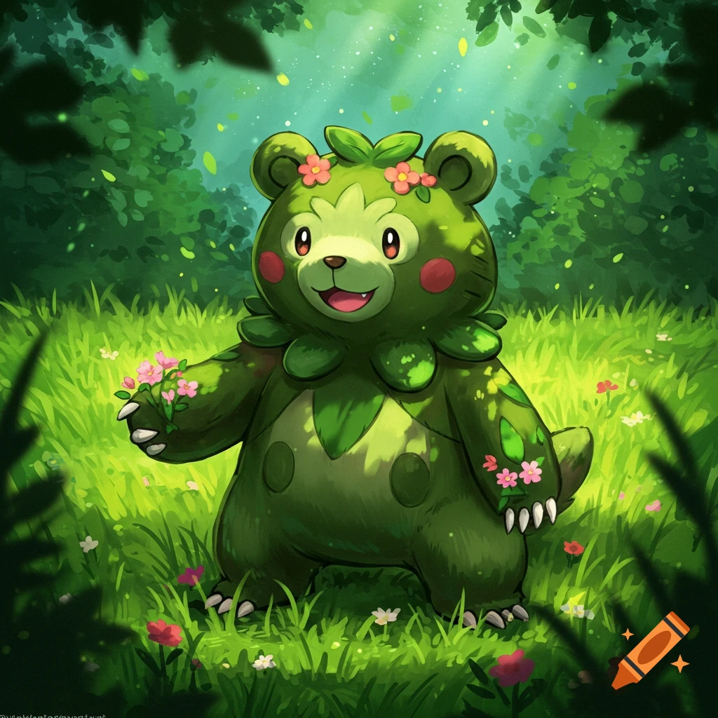 A green bear creature resembling a grass Pokemon holds flowers in a forest clearing.
