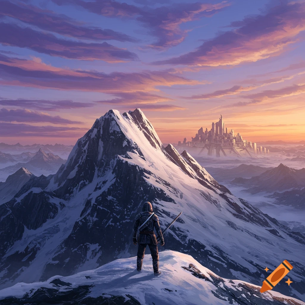 A figure on a snowy mountain overlooks a distant fantasy city at sunset.