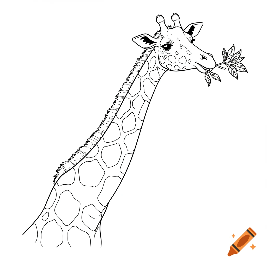 Black and white outline illustration of a giraffe eating leaves.