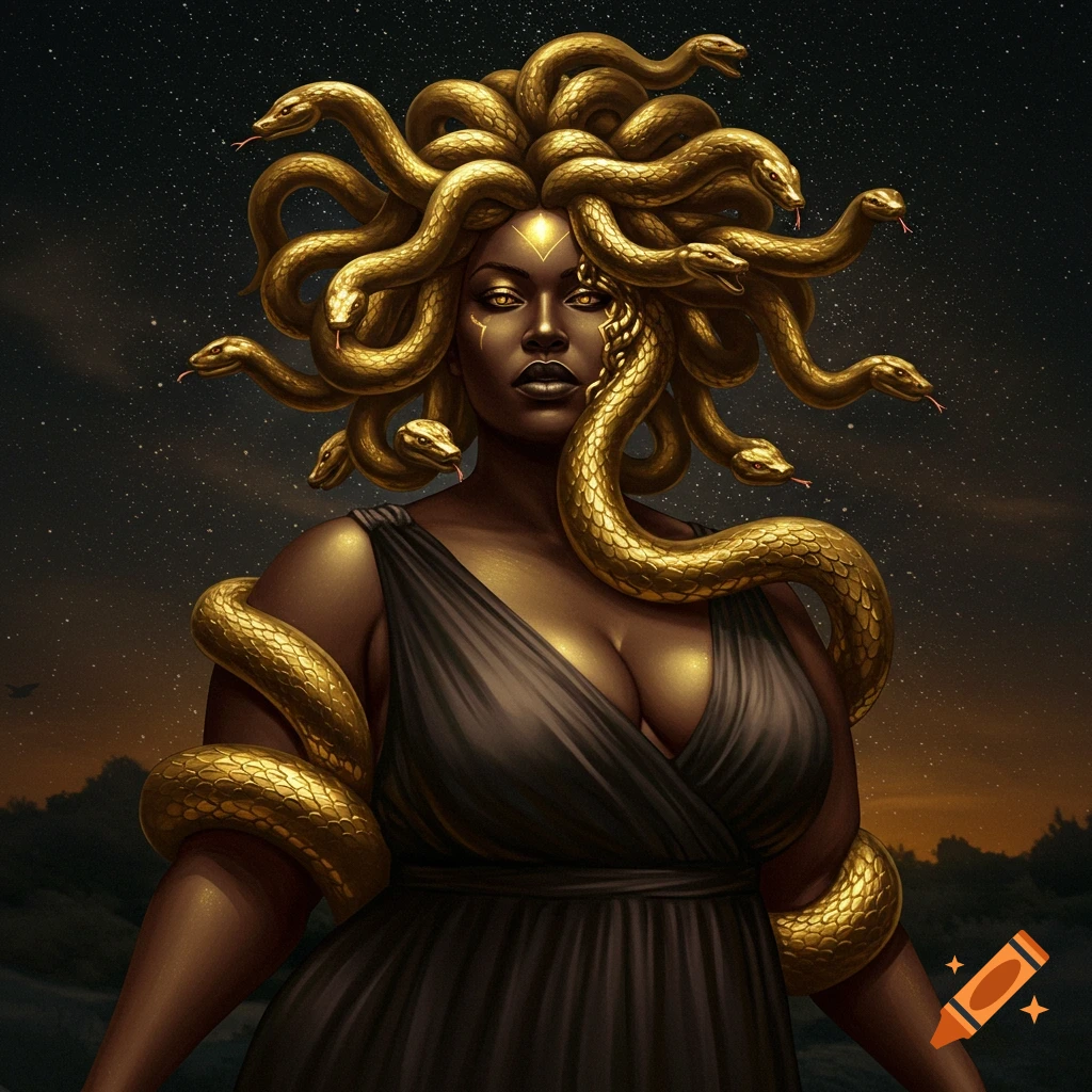 A full-figured Black woman is depicted as Medusa with golden snakes for hair and wrapped around her, wearing a dark dress against a starry sky.
