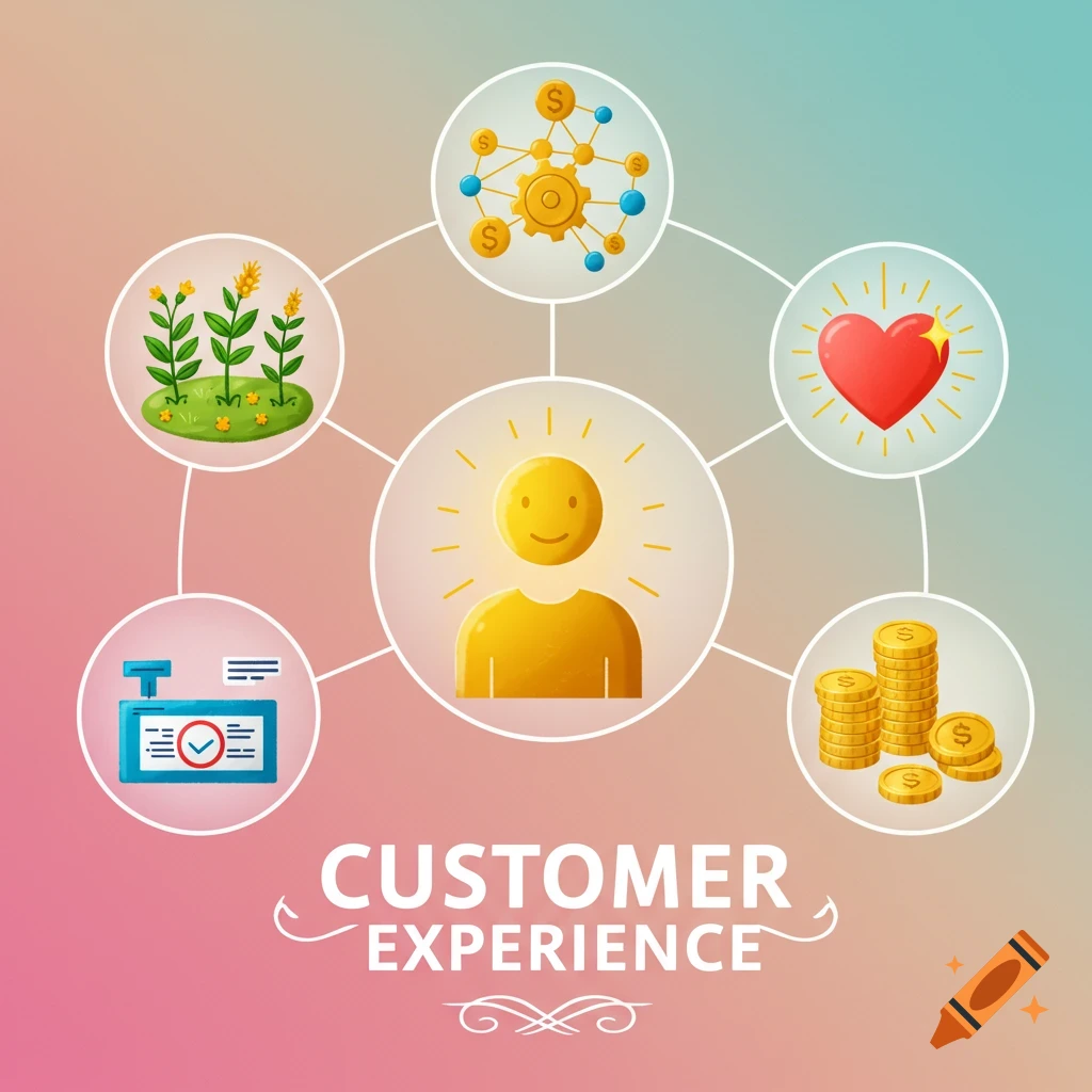 An illustration diagram representing customer experience with icons for growth, money, connection, and happiness.