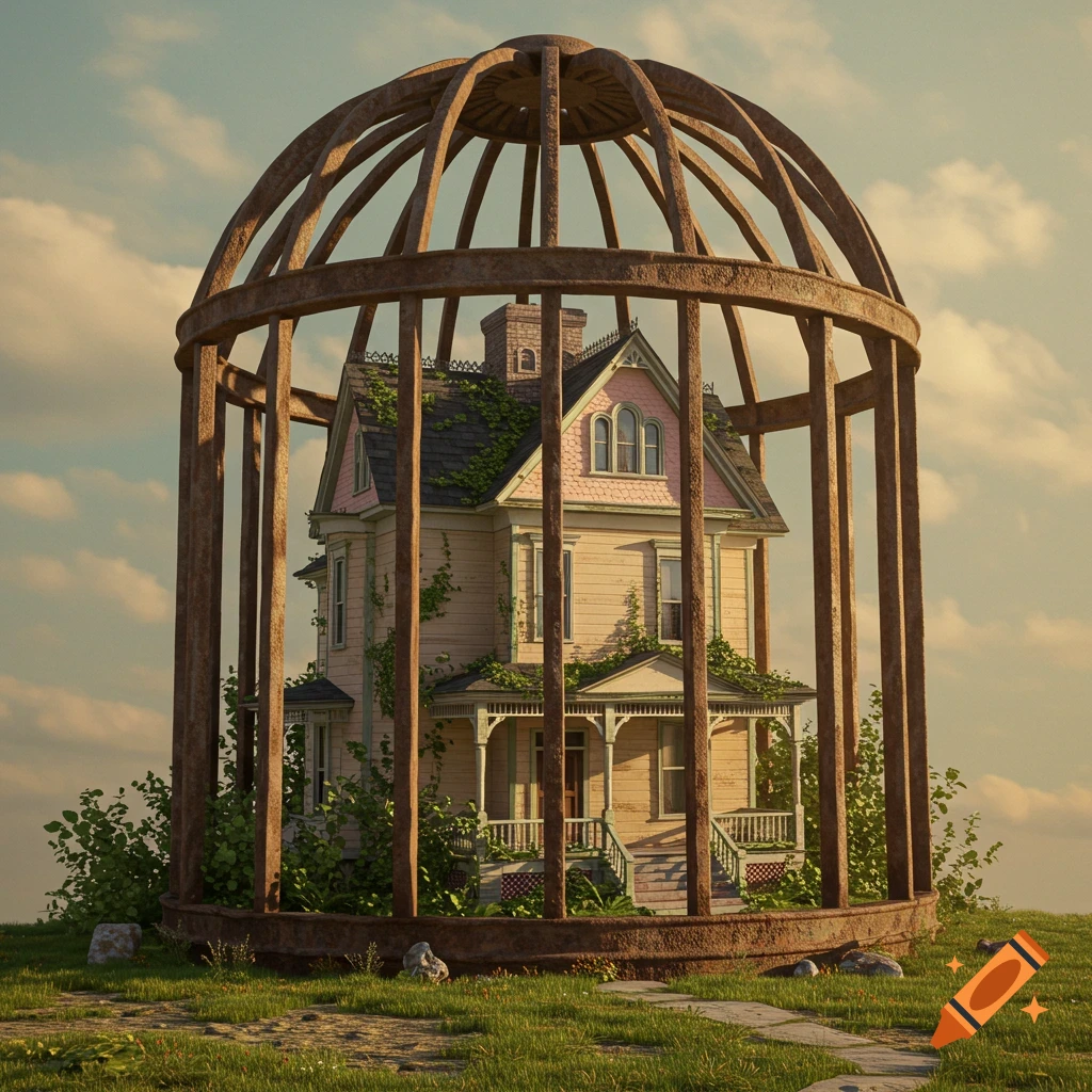 An old house trapped inside a giant cage on a grassy hill.