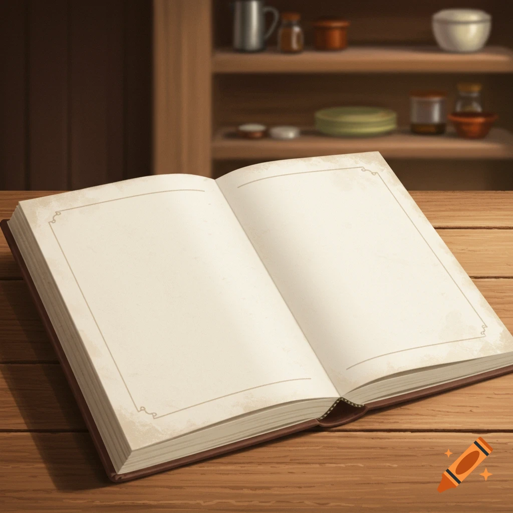 An open blank recipe book sits on a wooden table in a kitchen.