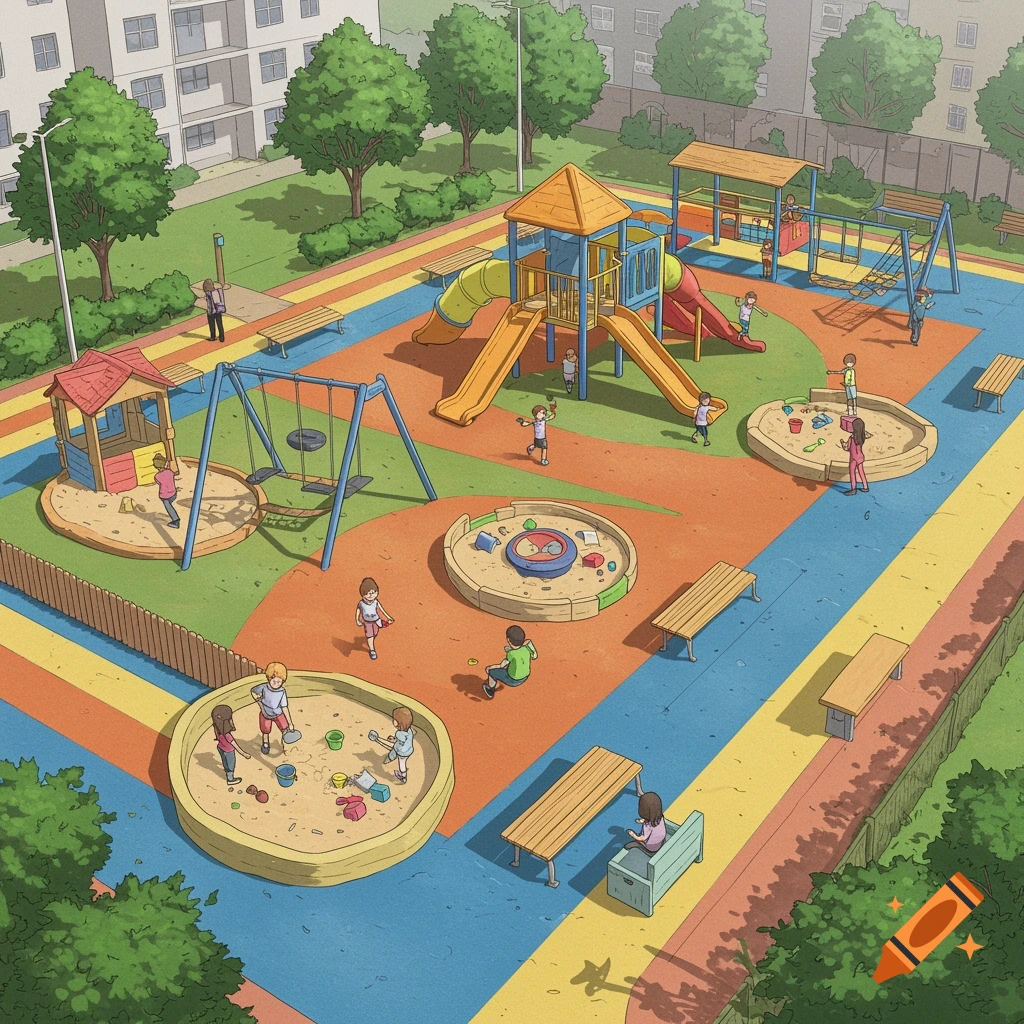 Digital illustration of a colorful playground with children playing on slides, swings, and in sandboxes