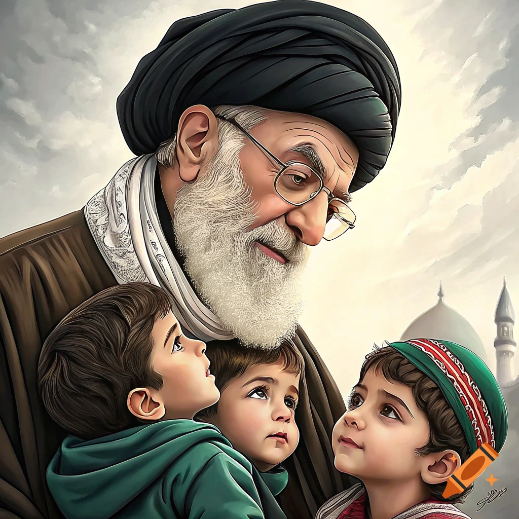 Illustration of a bearded man in a turban holding three children, with a mosque dome in the background.