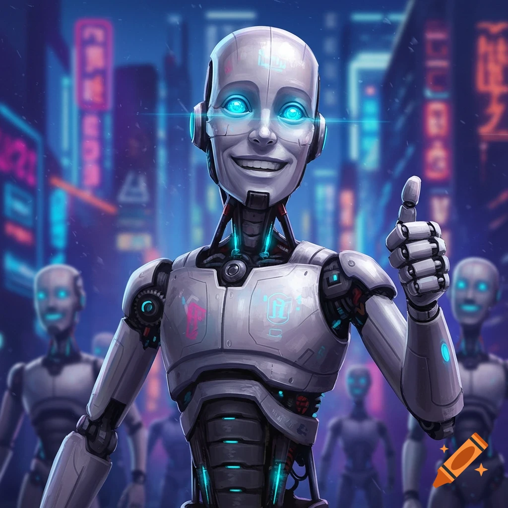 A smiling robot giving a thumbs up in a futuristic city.