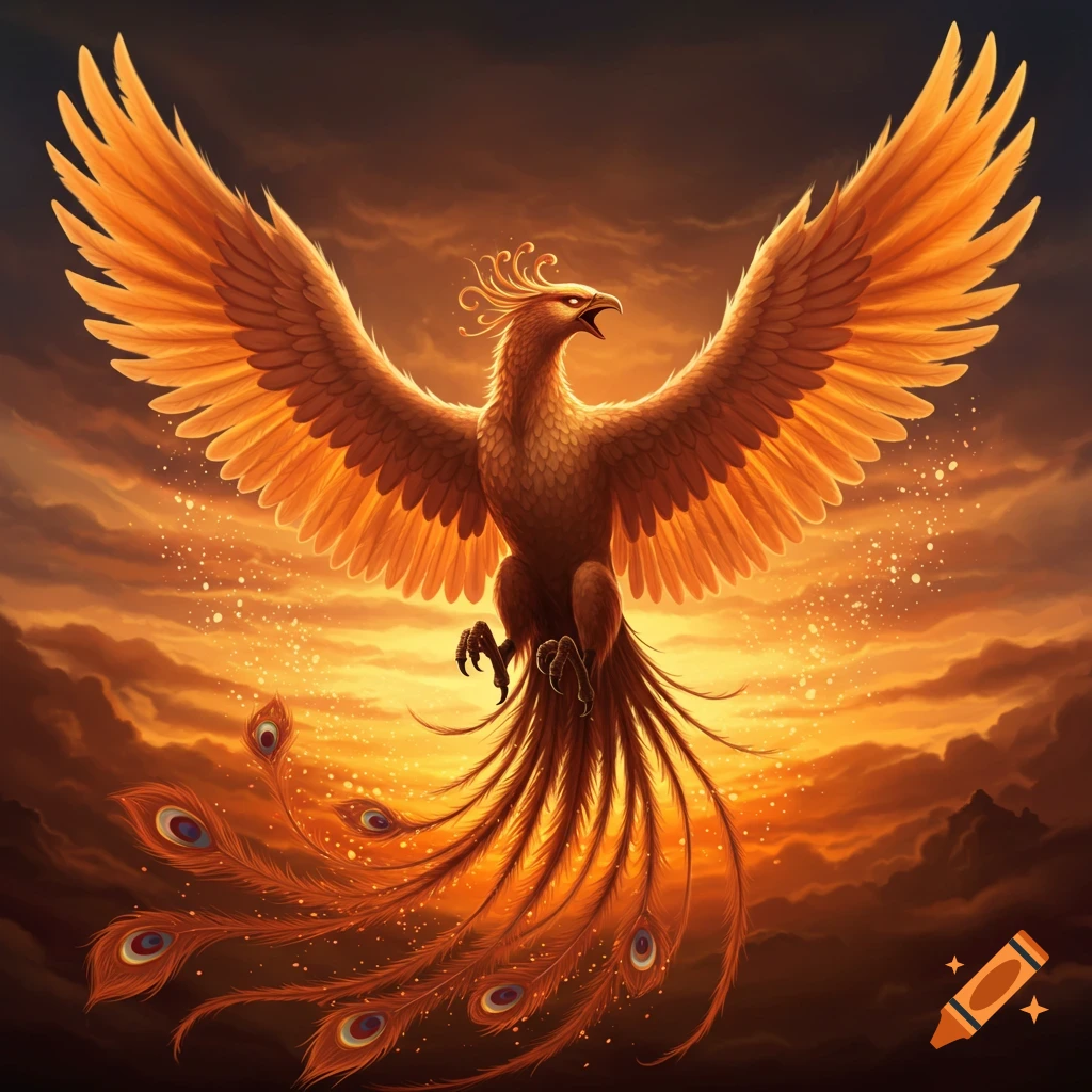 A majestic phoenix with wings spread wide, rising against a dramatic fiery sunset sky in a fantasy painting style.